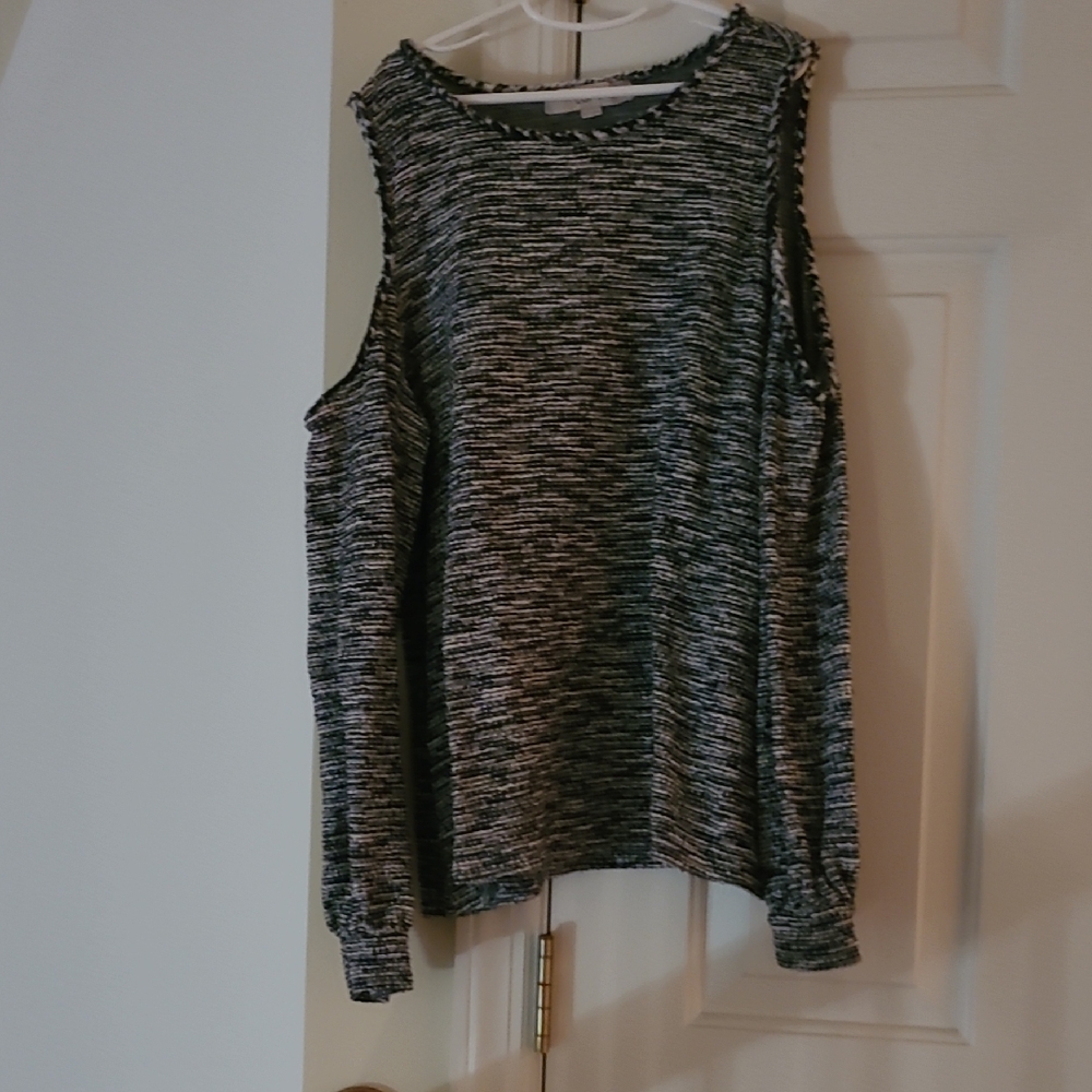 Women's Blue and White Cold Shoulder Top